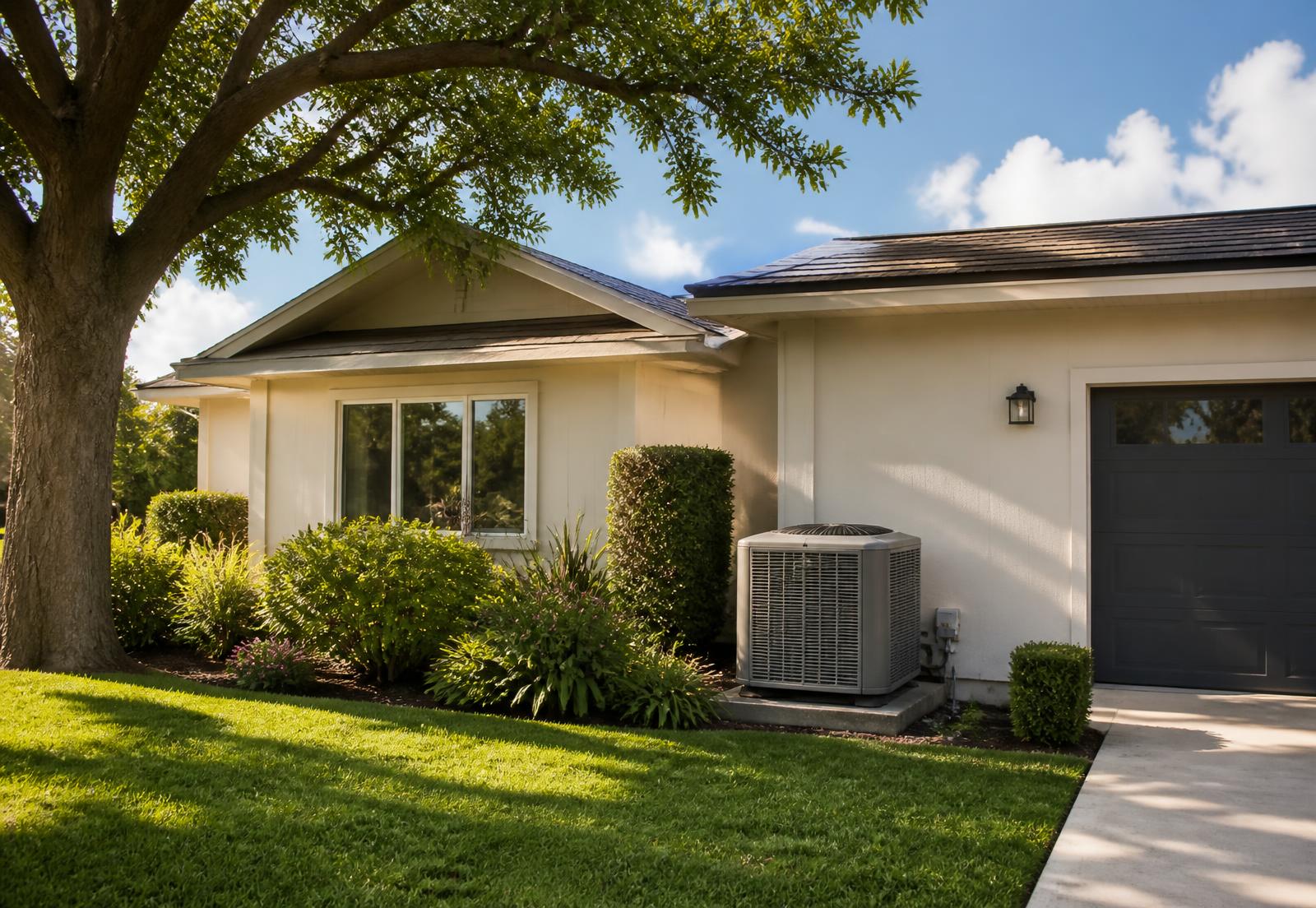 California home with a new high-efficiency heat pump installed alongside the house